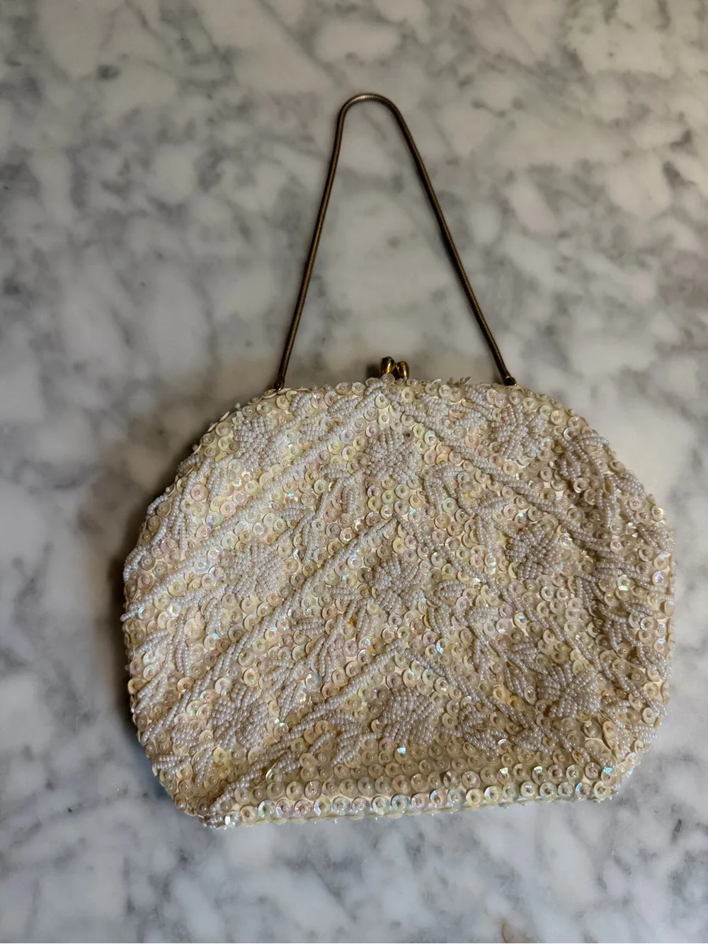 Small Vintage White Beaded Evening Clutch Handbag Purse Classic Bridal Heirloom